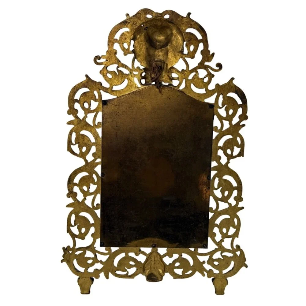 1800s Antique Victorian Bacchus Gilded Brass Wall Mirror Beveled Glass
